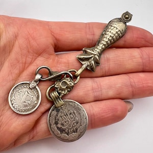 Antique Yemen Silver Pendant Men&#39;s Keychain Bedouin Middle East Coins Hand Made