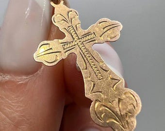 Antique Religion Orthodox Cross Pendant | 56 Zolotnik Gold | Hand Engraved | Imperial Era Christian Jewelry Marked Gift | 0.74g