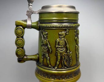 Vintage Gerz German Beer Stein Pewter Lid Medieval Knights Ceramic Mug
