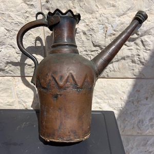 Antique Red Copper Jug: Hand-Forged Middle Eastern Folk Art, 30cm