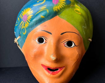Vintage 1950s Paper Mache Mask: Handmade Carnival Folk Art Decor