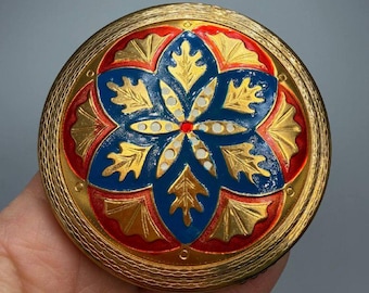 Estuche de maquillaje y polvera compactos de latón vintage con esmalte guilloché y espejo.