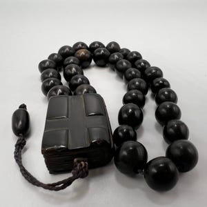 Vintage Ebonite Rosary: Black Prayer Beads with Book Cross, Religious Gift