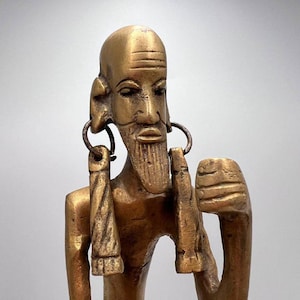 Antique African Bronze Statue – Tribal Man Figurine – Handcrafted Brass Art – Ethnic Home Decor – Vintage African Sculpture