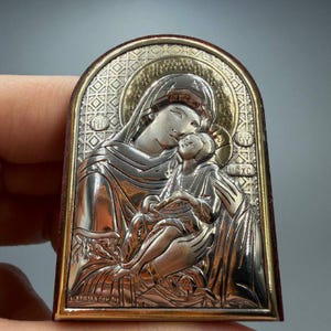 Vintage Italian Silver Plated Madonna & Child Icon Laminato Ag Wood Base