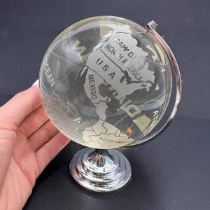 Vintage Crystal Glass World Globe: Etched Map on Chrome Stand