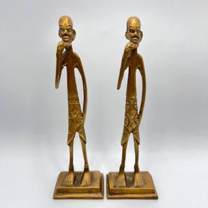 Vintage Bronze African Figurines – Tribal Art Statues – Ethnic Home Decor – Handmade Bronze Sculpture Set – 7.5” Tall – Afro Art Gift