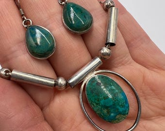 Vintage Chrysocolla Sterling Silver Jewelry Set: Minimalist Necklace & Earrings