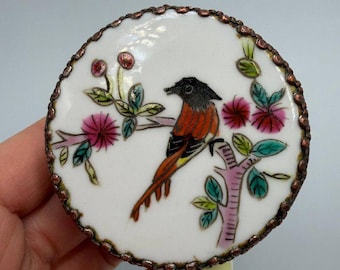 Vintage cloisonné geëmailleerde poederdoos vogel bloemen koperen ijdelheid Snuisterijdoosje