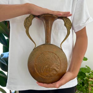 Hand-Forged Copper Vase Jug: Antique Middle Eastern Engraved Art, 34cm
