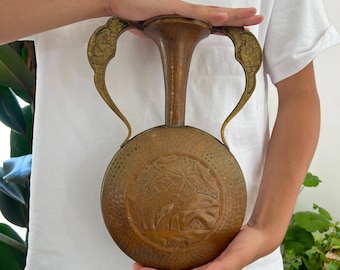 Hand-Forged Copper Vase Jug: Antique Middle Eastern Engraved Art, 34cm