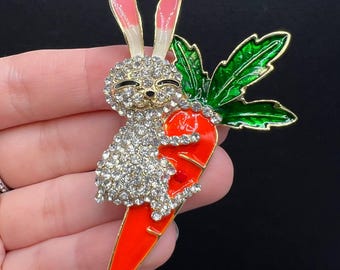 Rhinestone Bunny Brooch | Enamel Carrot Pin, Whimsical Jewelry