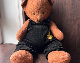 Vintage 1950s USSR Teddy Bear: Large Straw-Stuffed Plush Toy with Corduroy Overalls