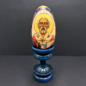 Hand-Painted Vintage Wooden Egg Box | St. Nicholas Icon & Church | Ukrainian Folk Art Prison Made | 1990s Religious Decor