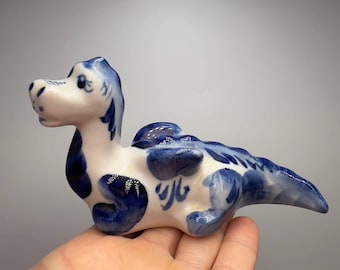 Figura de dragón de porcelana de Gzhel pintada a mano, arte popular, marcada, 12 cm