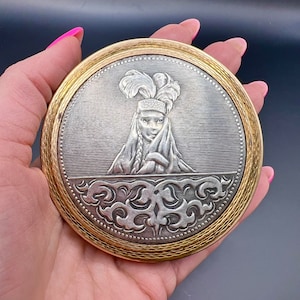 1970-1980 Period Vintage Vanity Face Puff Powder Box Compact Case Mirror Brass Enamel