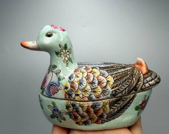Vintage Japanese Porcelain Duck Trinket Jewelry Box Hand Painted Figurine