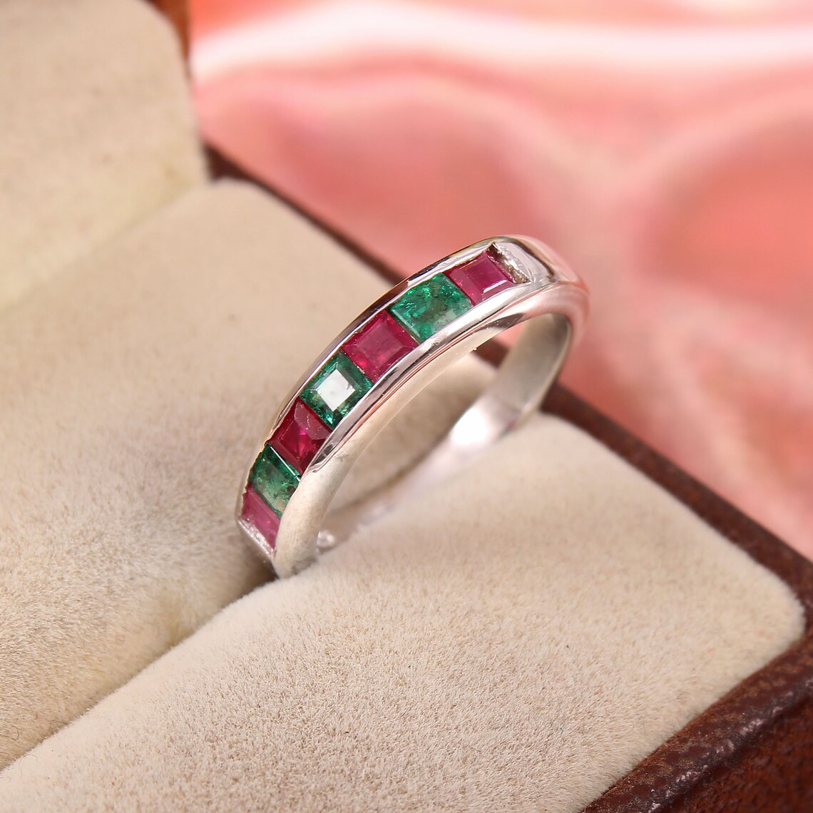 Natural Ruby Emerald Half Eternity Wedding Band Ring Etsy