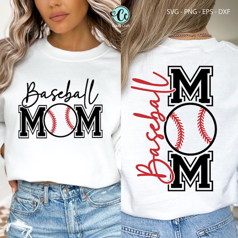 Peut inclure: Sweat-shirt blanc avec l'inscription "Baseball MOM" en noir et rouge. Le motif comprend une balle de baseball avec des coutures rouges. Le dos du sweat-shirt affiche &eacute;galement "Baseball MOM" et une balle de baseball.