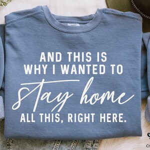 Puede incluir: Una sudadera azul con texto blanco que dice "And this is why I wanted to stay home all this, right here."