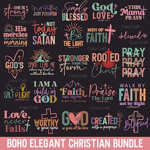 May include: A collection of Christian-themed designs with inspirational quotes and phrases in various fonts and colors. The designs include phrases like "Strong", "Blessed", and "Faith", with floral and cross motifs. The words are set against a dark background.