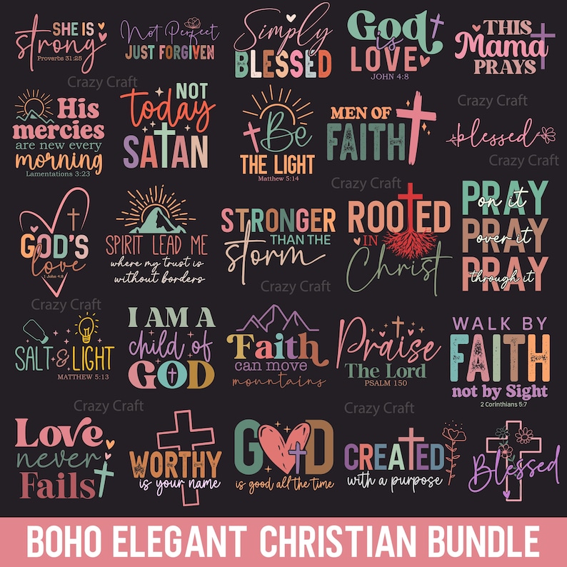 K&ouml;nnte beinhalten: Eine Sammlung christlicher Designs mit inspirierenden Zitaten und Phrasen in verschiedenen Schriftarten und Farben. Die Designs enthalten S&auml;tze wie "Stark", "Gesegnet" und "Glaube", mit floralen und Kreuzmotiven. Die W&ouml;rter sind vor einem dunklen Hintergrund gesetzt.