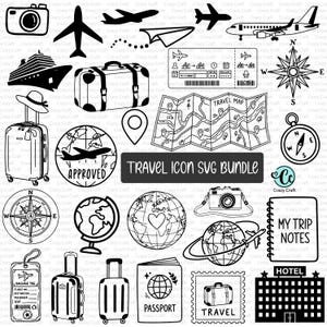 Könnte beinhalten: Eine Sammlung von schwarz-weißen Reise-Symbolen, darunter Flugzeuge, Koffer, eine Kamera, ein Kompass, ein Globus, ein Reisepass, eine Karte und ein Hotelgebäude. Der zentrale Text lautet TRAVEL ICON SVG BUNDLE, ergänzt durch MY TRIP NOTES, PASSPORT und TRAVEL.