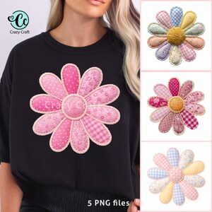 May include: Black t-shirt featuring a large pink daisy design with various patterns and textures. The daisy has a textured center and is surrounded by petals in polka dot and gingham patterns. The image also shows three additional daisy designs and the text "5 PNG files".