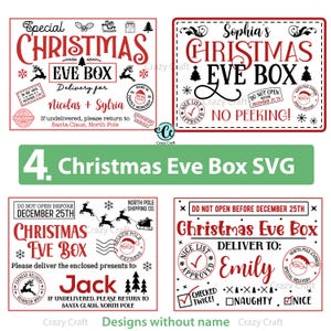 May include: Several Christmas Eve Box designs with red and black text. The boxes feature festive elements such as reindeer and snowflakes, and the text "Christmas Eve Box." Each box is personalized with names like Nicolas & Sylvia, Sophia, Jack, and Emily.