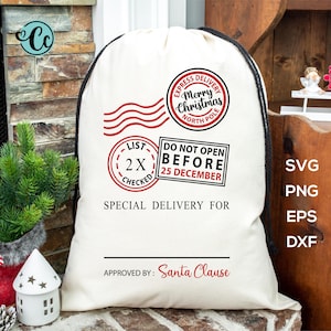 May include: White canvas sack with black drawstring and red and black printed text. The text reads "Express Delivery Merry Christmas North Pole", "List 2X Checked", "Do Not Open Before 25 December", "Special Delivery For", and "Approved By: Santa Clause".