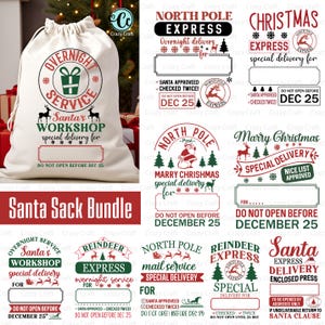 May include: A white Santa sack with a drawstring closure, featuring a red and green graphic that reads "Overnight Service, Santa's Workshop, special delivery for" and "Do not open before Dec 25". A bundle of Christmas-themed designs is also included.