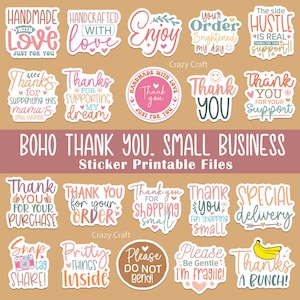以下が含まれることがあります： 小さなビジネス向けの感謝のメッセージが書かれた、カラフルなステッカー16枚セット。ステッカーには、「愛情込めて手作り」、「ご注文ありがとうございます」、「特別配送」などのフレーズが書かれています。