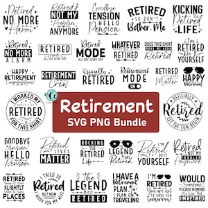 May include: A collection of SVG and PNG designs with retirement themes. The designs feature various fonts and graphics, including phrases like "Retired No More Alarm" and "Officially Retired". Ideal for crafting projects.
