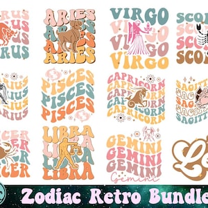 Pakiet Zodiaku SVG, Horoskop SVG, Znaki Astrologii, Znak Urodzenia SVG, Znaki Zodiaku, Koszulka Znak Zodiaku, Retro Pakiet Zodiaku, Natychmiastowe Pobieranie
