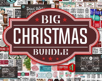 May include: A large red and white sign with the text "BIG CHRISTMAS BUNDLE" in white letters. The sign is surrounded by a collage of smaller images of Christmas-themed designs, including wreaths, ornaments, signs, and SVG files. The images are in a variety of colors, including red, green, white, and black.