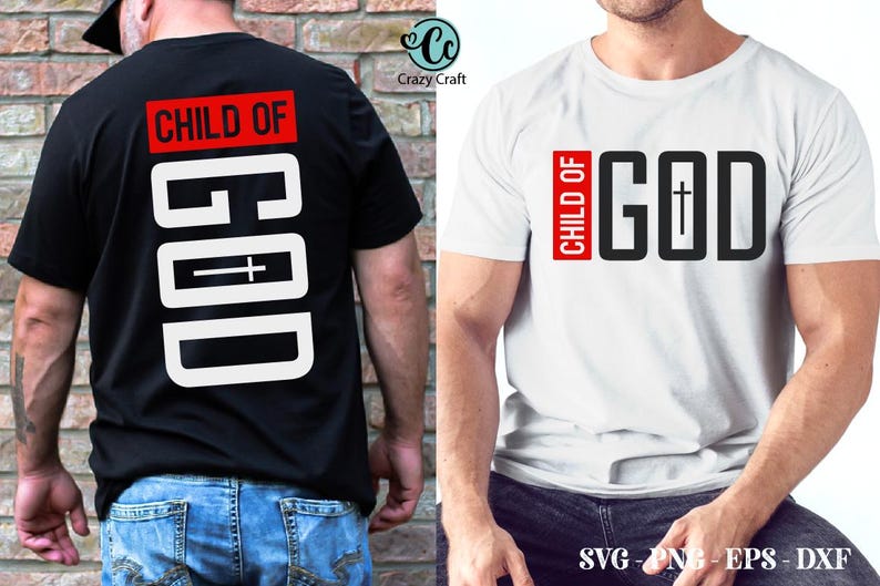 May include: Two t-shirts with the text "CHILD OF GOD" printed on them. One shirt is black with white text and the other is white with black text. Both shirts have a cross symbol in the text.