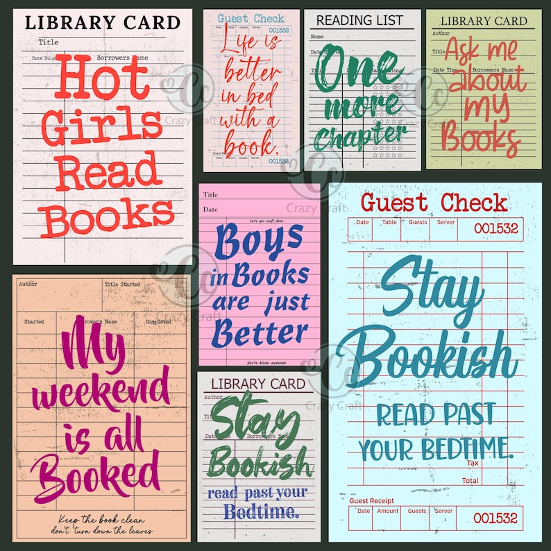 May include: A collection of vintage-style library cards and guest checks with book-themed quotes in various colors. The cards feature phrases like "Hot Girls Read Books" and "Stay Bookish," perfect for book lovers.