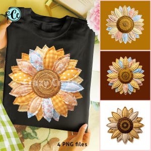 May include: Black t-shirt featuring a large, colorful sunflower design. The sunflower has a textured, patchwork appearance with various patterns and colors, including yellow, orange, blue, and white. The image also shows three additional sunflower designs and the text "4 PNG files".