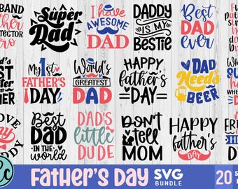 May include: A set of 20 Father's Day SVG designs featuring various phrases and illustrations. The designs include "Super Dad", "World's Greatest Dad", "Happy Father's Day", and "Dad Needs Beer".