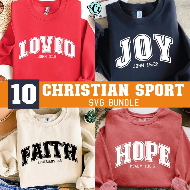 K&ouml;nnte beinhalten: Ein Set mit 10 christlichen Sport-SVG-Designs mit den W&ouml;rtern "Loved", "Joy", "Faith" und "Hope" mit Bibelversen. Die Designs sind in einer Schriftart im College-Stil gehalten und eignen sich perfekt f&uuml;r die Erstellung von T-Shirts, Tassen und anderen Bastelarbeiten.