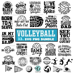 K&ouml;nnte beinhalten: Eine Sammlung von Volleyball-Designs im SVG- und PNG-Format in Schwarz und Wei&szlig;. Die Designs umfassen Volleyballb&auml;lle, Texte wie "Queen of the Court", "Game Day" und "My Favorite Player Calls Me Mom". Das Bundle ist mit "Volleyball 33. SVG PNG Bundle" beschriftet.