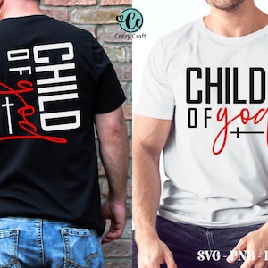 May include: Two t-shirt designs with the text "CHILD OF god" in black and red. The first design has the text vertically aligned on a black t-shirt. The second design has the text horizontally aligned on a white t-shirt.