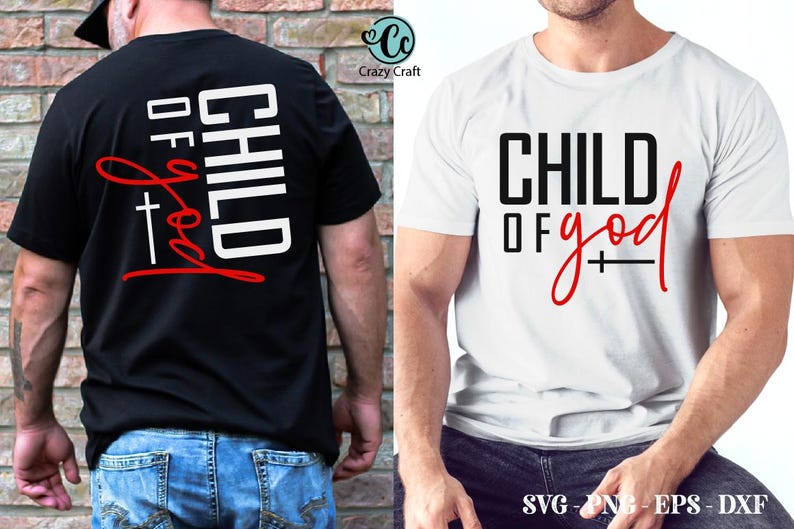 May include: Two t-shirt designs with the text "CHILD OF god" in black and red. The first design has the text vertically aligned on a black t-shirt. The second design has the text horizontally aligned on a white t-shirt.