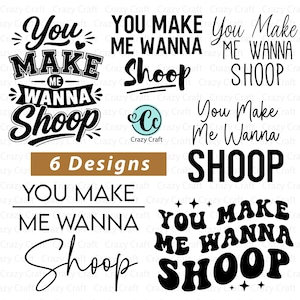 Op de afbeelding: Een verzameling van zes tekstgebaseerde grafische ontwerpen in het zwart met de tekst You Make Me Wanna Shoop in verschillende lettertypes en lay-outs. De afbeelding bevat een centraal logo met de letters Cc en de tekst Crazy Craft, plus een bruine banner.