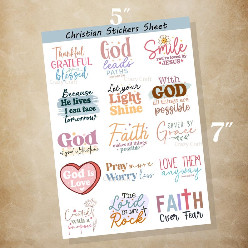 May include: A 5" x 7" sheet of Christian stickers with various inspirational quotes and phrases in different fonts and colors. The sheet includes phrases like "God is Love," "Faith Over Fear," and "Smile you're loved by Jesus."