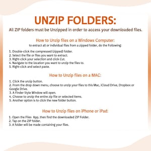 May include: A white and orange infographic with the title "UNZIP FOLDERS:" and instructions on how to unzip files on a Windows computer, Mac, and iPhone or iPad.