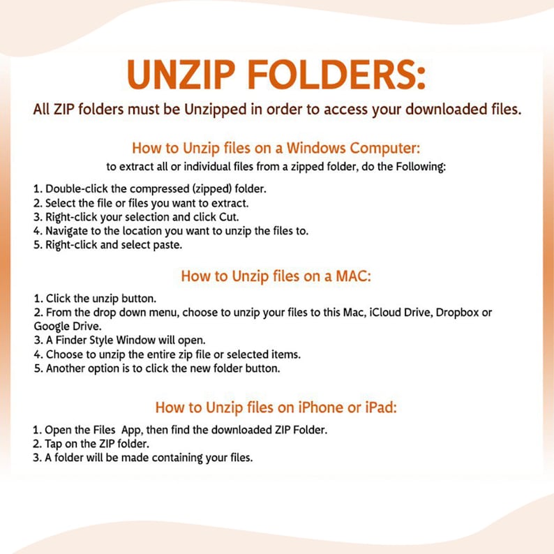 May include: A white and orange infographic with the title "UNZIP FOLDERS:" and instructions on how to unzip files on a Windows computer, Mac, and iPhone or iPad.