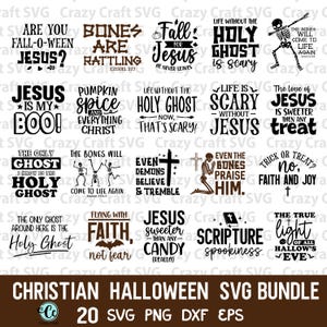May include: A collection of twenty black and brown graphic designs featuring Christian-themed Halloween phrases and illustrations, including skeletons, crosses, bats, and pumpkins, with text such as Jesus is my boo and Scripture spookiness.