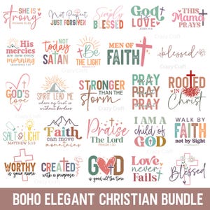 K&ouml;nnte beinhalten: Eine Sammlung farbenfroher christlicher Designs mit inspirierenden Zitaten und Phrasen. Die Designs umfassen Kreuze, Herzen und florale Elemente mit Texten wie "Stark", "Gesegnet" und "Glaube". Die W&ouml;rter sind in verschiedenen Schriftarten und Farben.