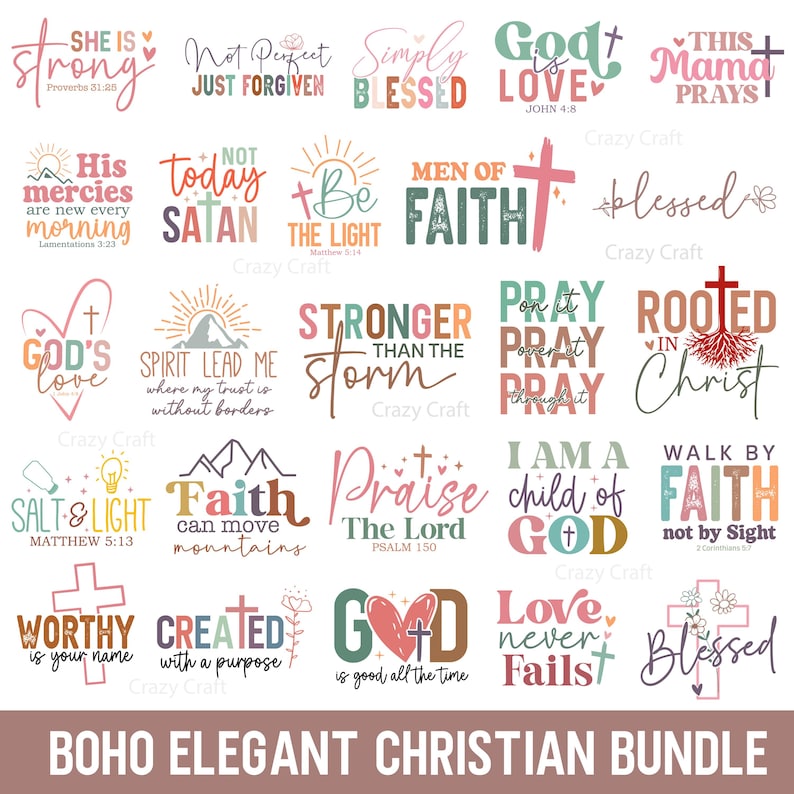 K&ouml;nnte beinhalten: Eine Sammlung farbenfroher christlicher Designs mit inspirierenden Zitaten und Phrasen. Die Designs umfassen Kreuze, Herzen und florale Elemente mit Texten wie "Stark", "Gesegnet" und "Glaube". Die W&ouml;rter sind in verschiedenen Schriftarten und Farben.